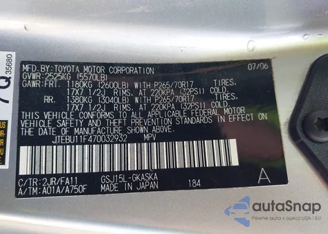 2007 Toyota Fj Cruiser z USA, uszkodzony, nr VIN JTEBU11F470032932